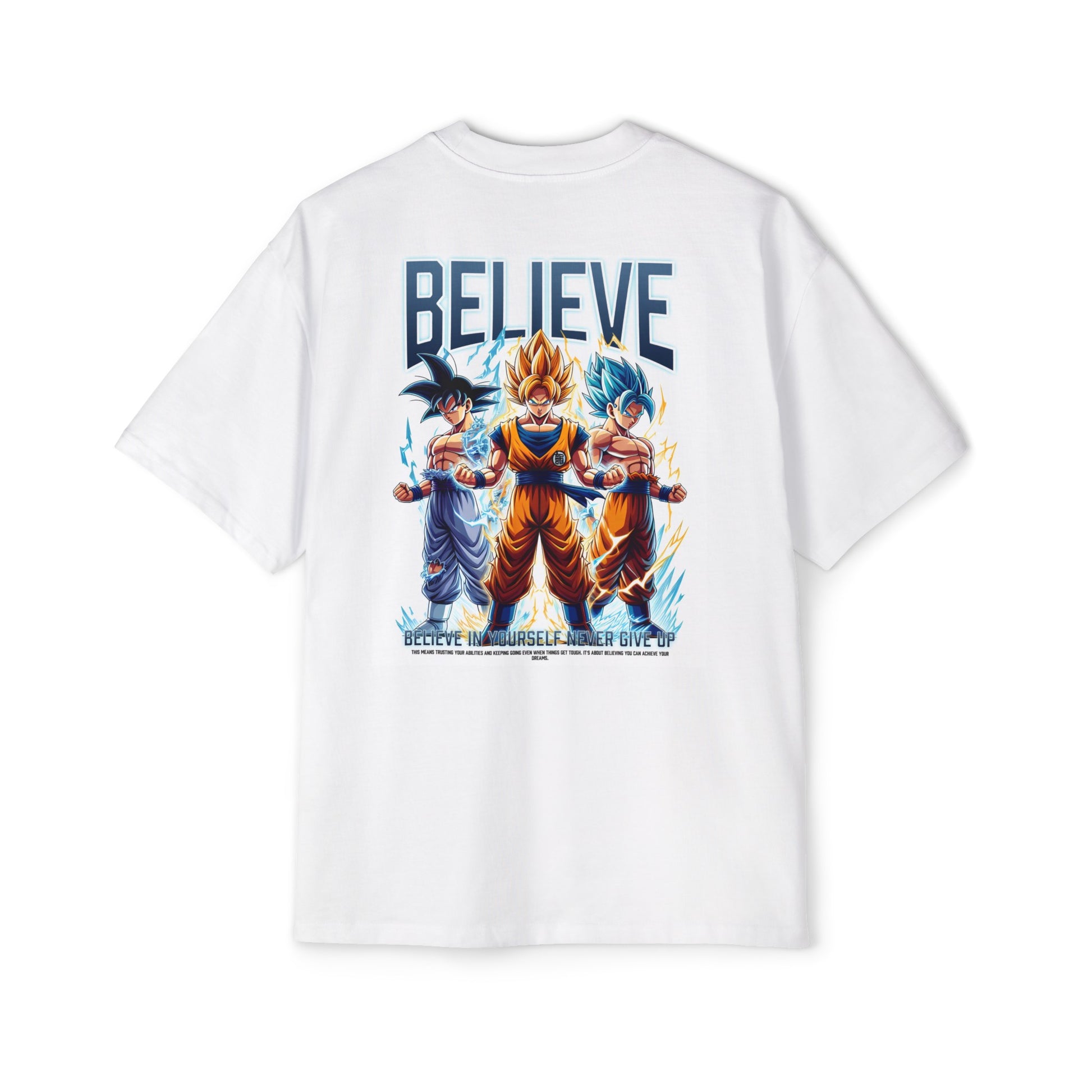 Saiyan Believe Oversized Tee back view showcasing its heavyweight material and relaxed boxy fit.