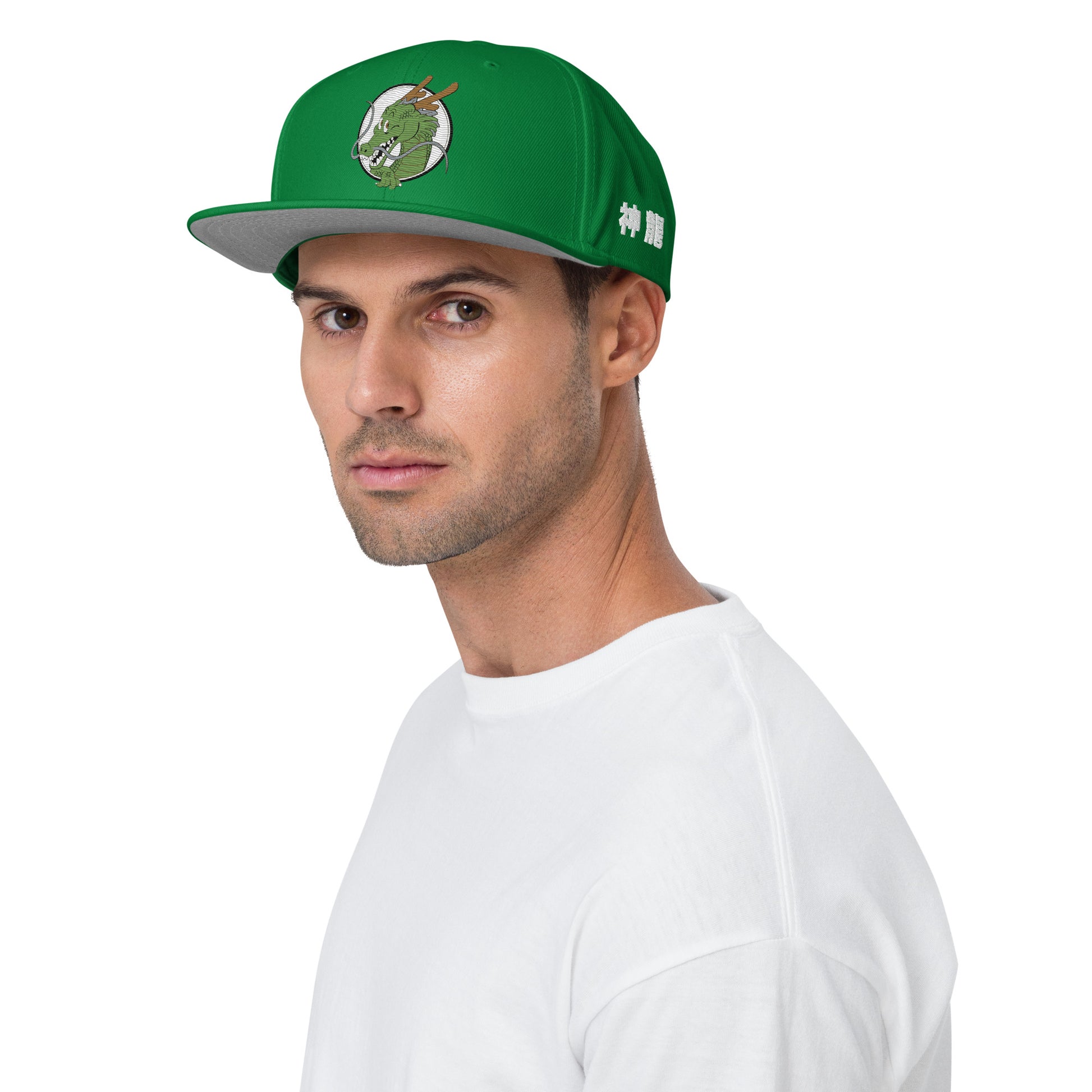 Anime fan wearing the Shenron Snapback Hat, inspired by Dragon Ball's legendary dragon.