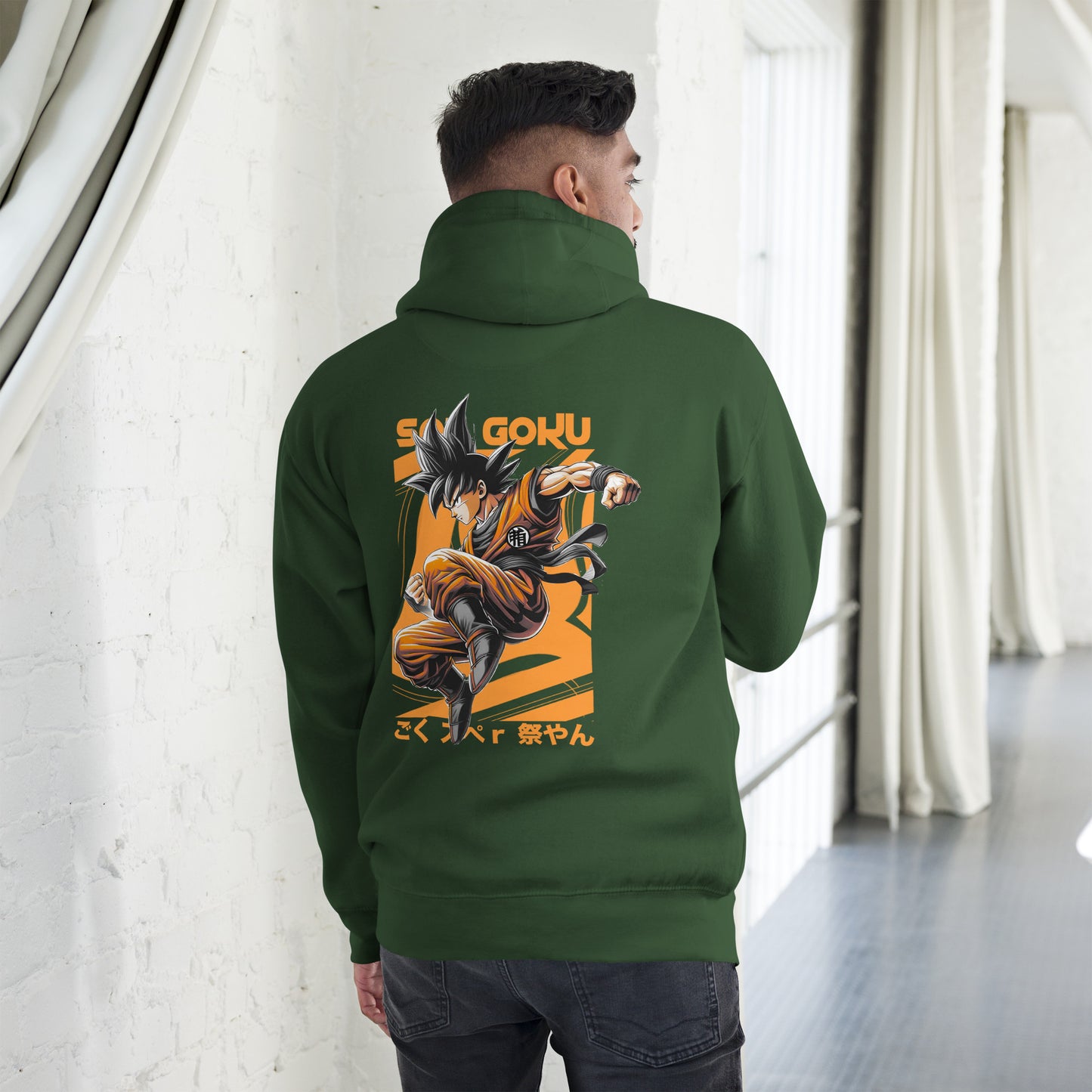 Model wearing the Son Goku Warrior Forest Green Hoodie in an urban environment, displaying its perfect blend of comfort and anime-inspired streetwear.