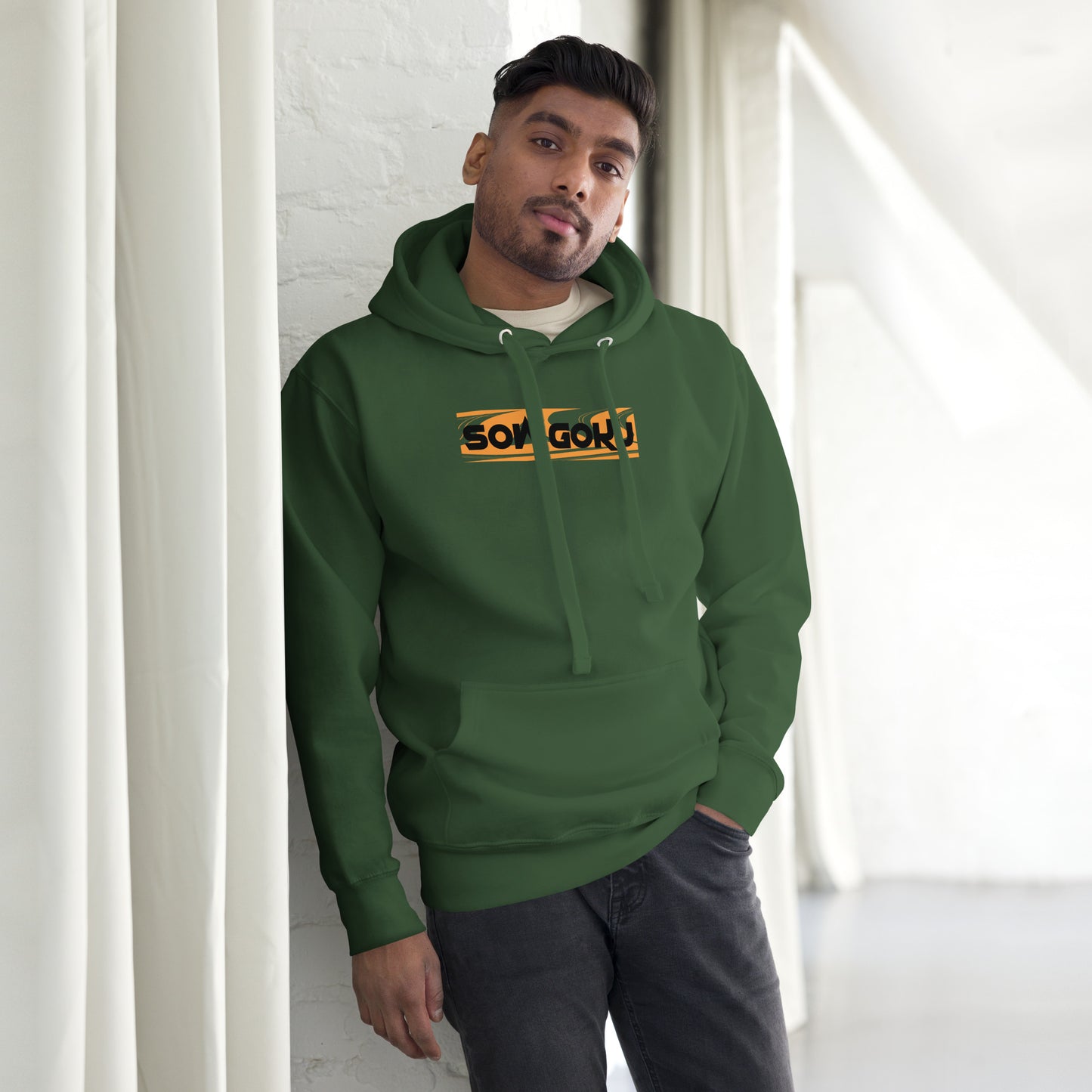 Model wearing the Son Goku Warrior Forest Green Hoodie in an urban environment, displaying its perfect blend of comfort and anime-inspired streetwear.