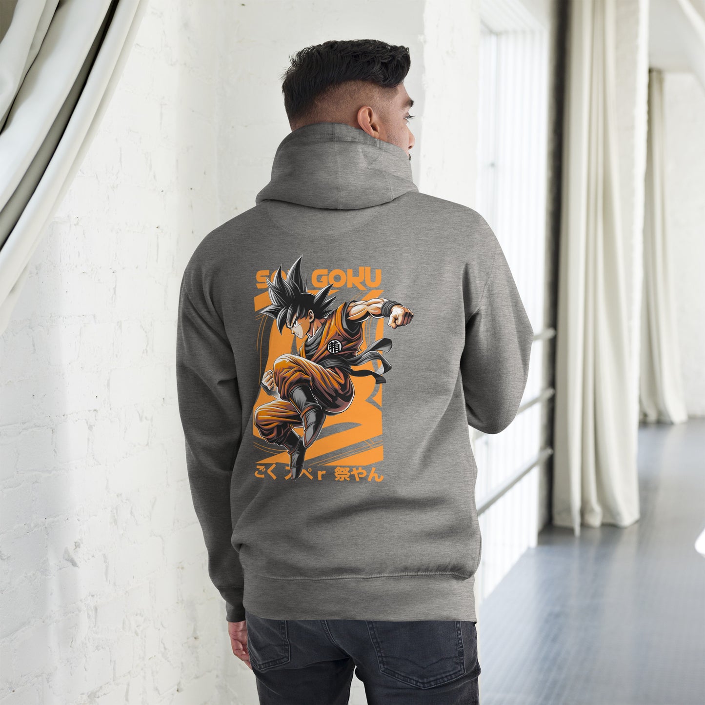 Model wearing the Son Goku Warrior Gray Hoodie in an urban environment, displaying back side its perfect blend of comfort and anime-inspired streetwear.