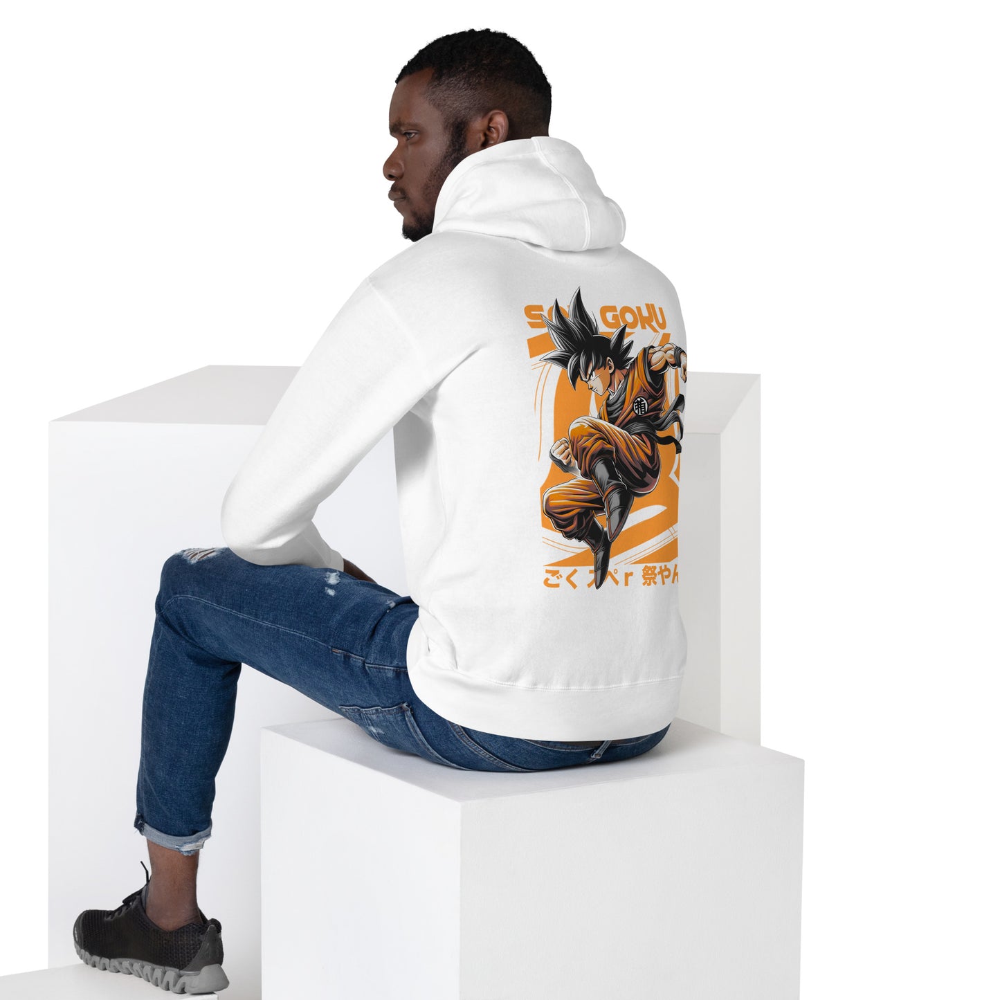 Model wearing the Son Goku Warrior White Hoodie in an urban environment, displaying back side its perfect blend of comfort and anime-inspired streetwear