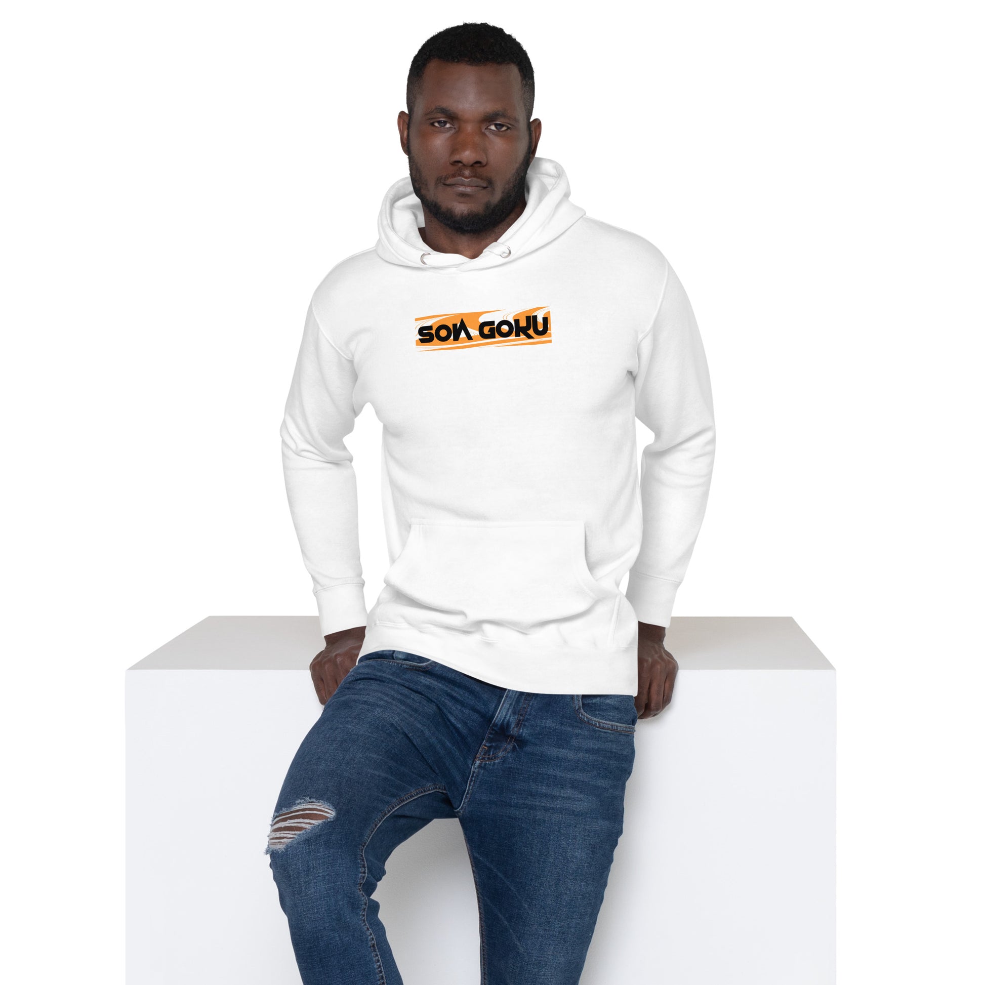 Model wearing the Son Goku Warrior White Hoodie in an urban environment, displaying its perfect blend of comfort and anime-inspired streetwear.