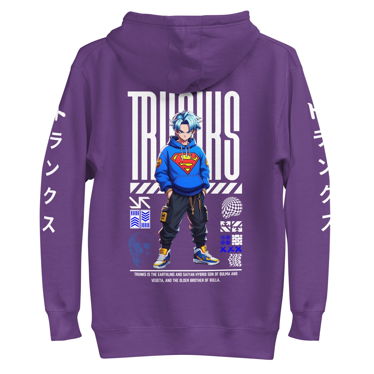  Back view of the Trunks Future Warrior Hoodie highlighting the self-fabric patch for a unique touch, ideal for Dragon Ball-inspired fashion.