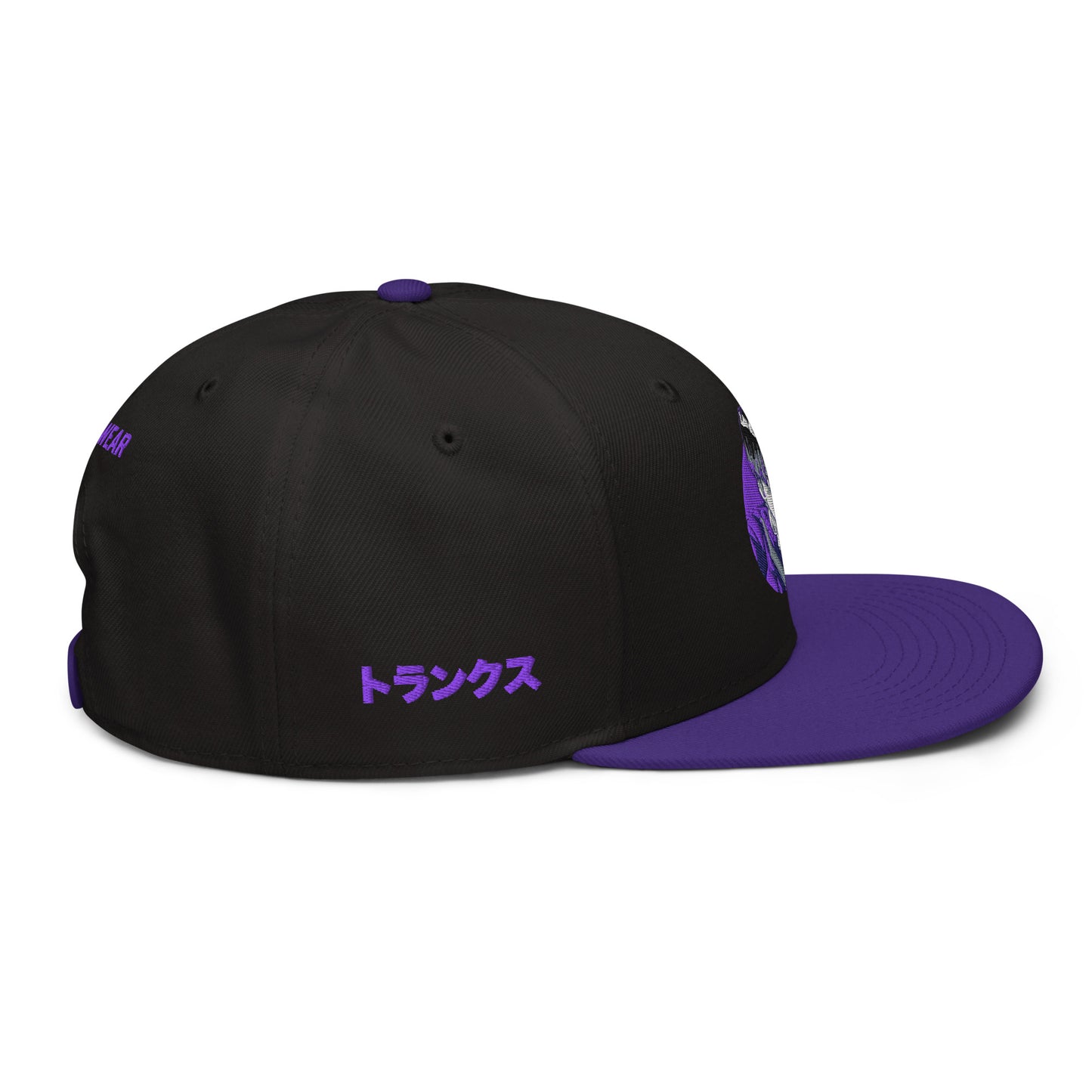 Right Side profile of Trunks Snapback Hat showcasing its premium materials and anime streetwear design.