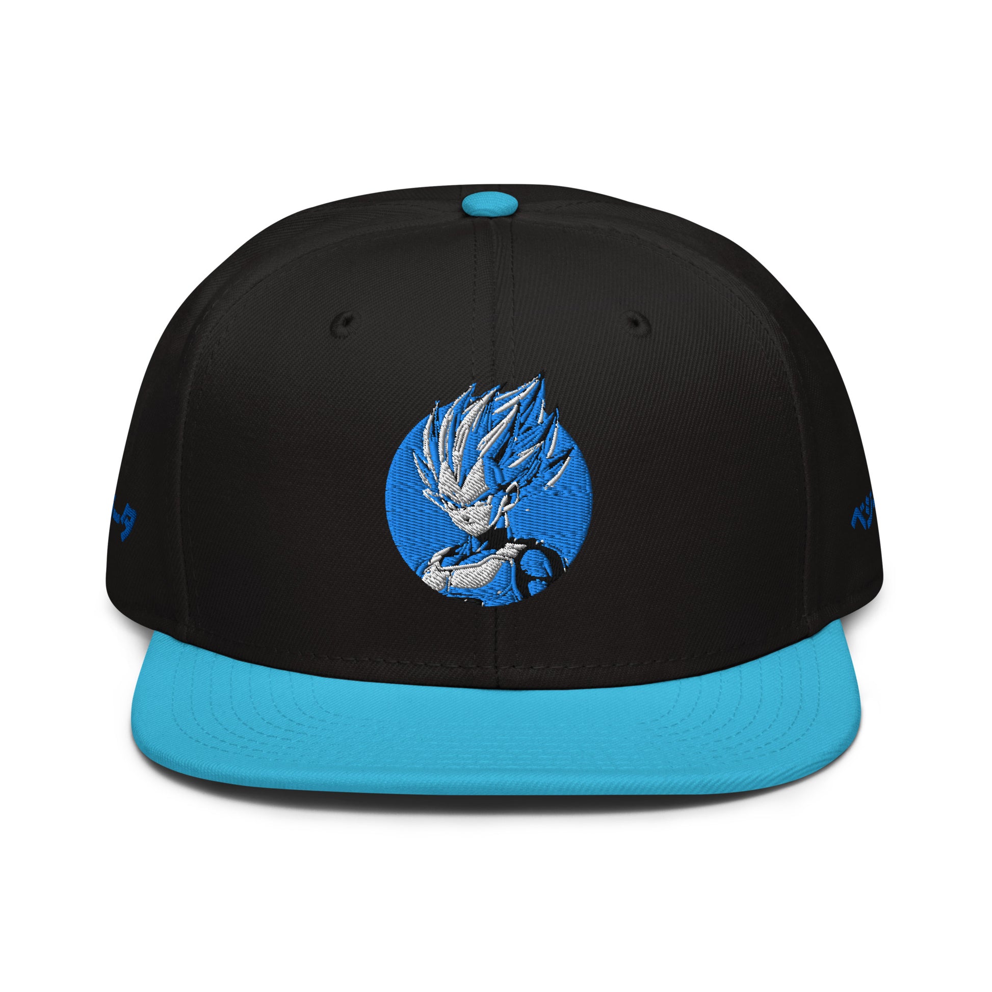 Vegeta Snapback Hat featuring a high-profile structured design and grey under visor.