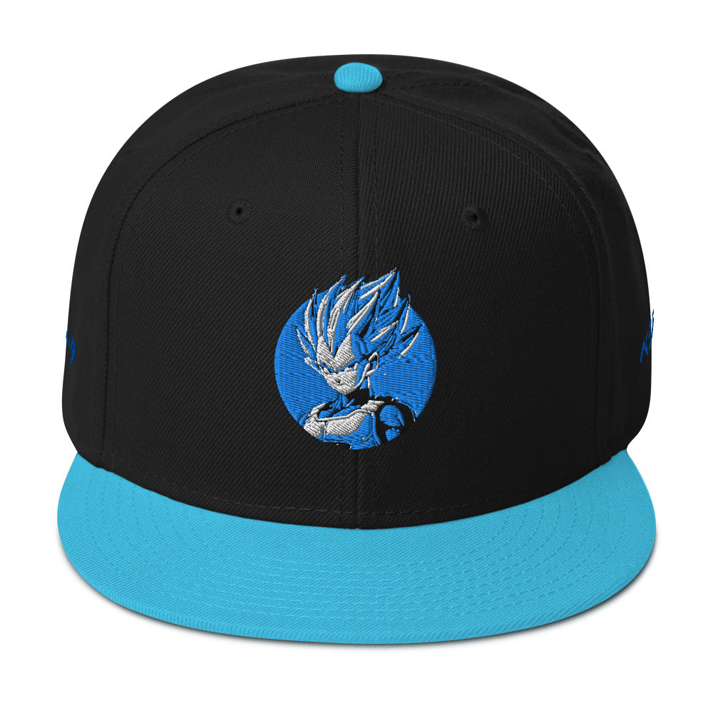 Vegeta Snapback Hat featuring a high-profile structured design and grey under visor. Front view