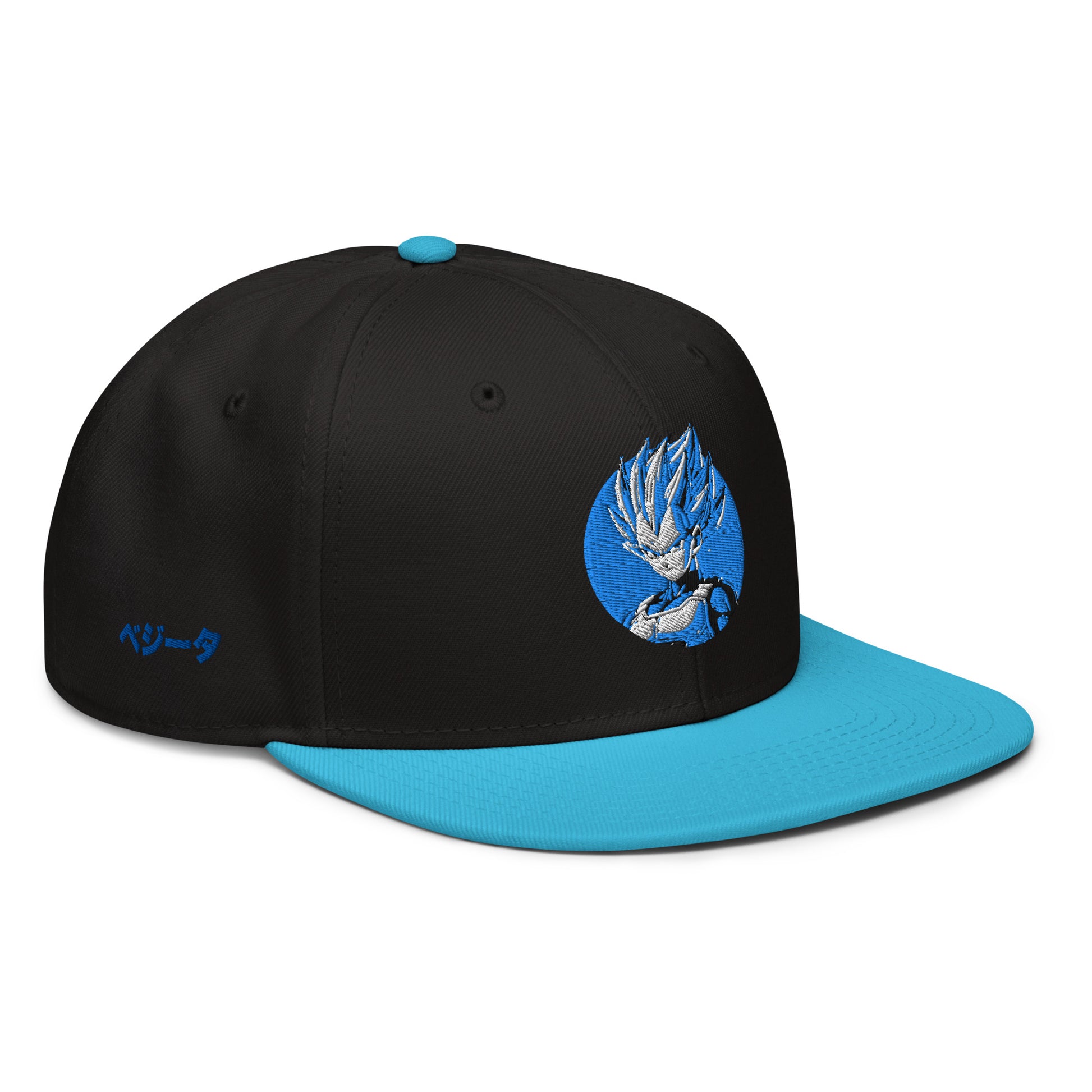 Vegeta Snapback Hat featuring a high-profile structured design and grey under visor.